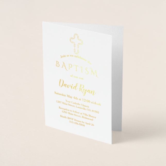 Elegante invitación al bautismo de Relieve metaliz (Anverso)