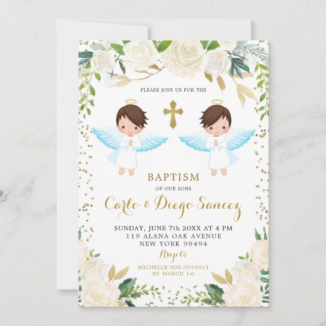 Elegante Invitación al bautismo de Twin Boy Floral (Anverso)