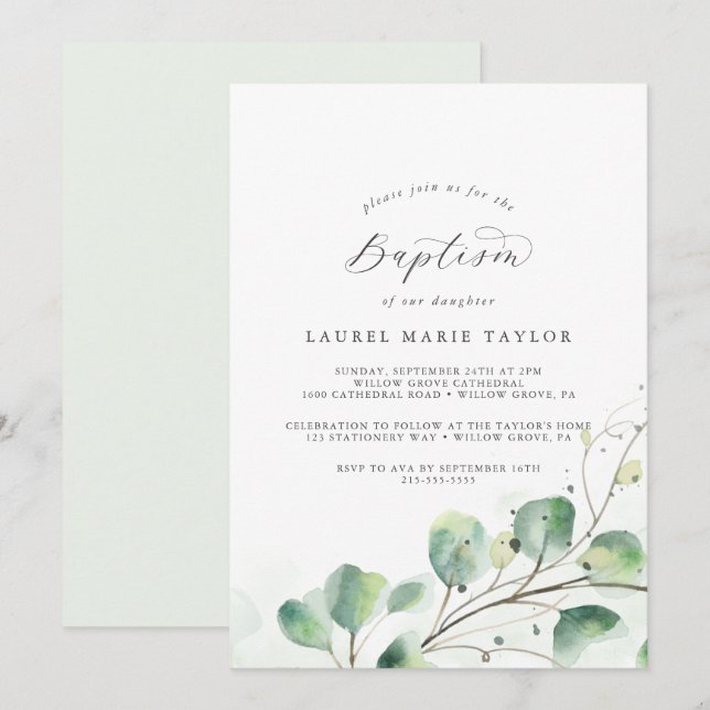 Elegante invitación al bautismo de vegetación (Anverso / Reverso)