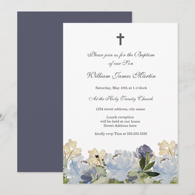 Elegante invitación al bautismo floral azul (Anverso / Reverso)