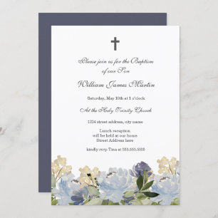 Elegante invitación al bautismo floral azul