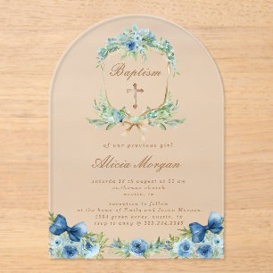 Elegante invitación al bautismo floral azul