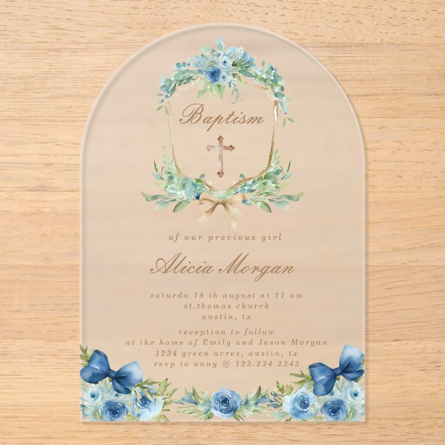 Elegante invitación al bautismo floral azul (Anverso)