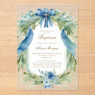 Elegante invitación al bautismo floral azul