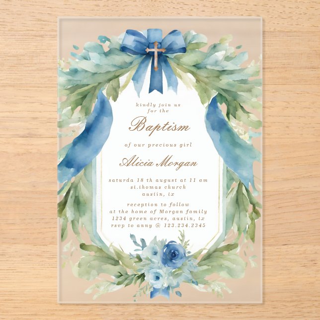 Elegante invitación al bautismo floral azul (Anverso)