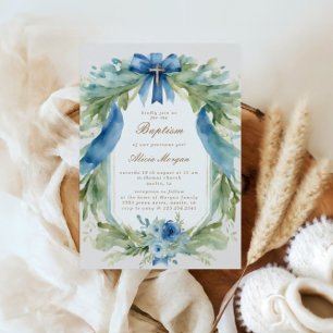 Elegante invitación al bautismo floral azul