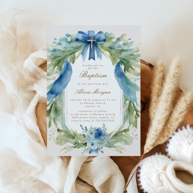 Elegante invitación al bautismo floral azul (Subido por el creador)
