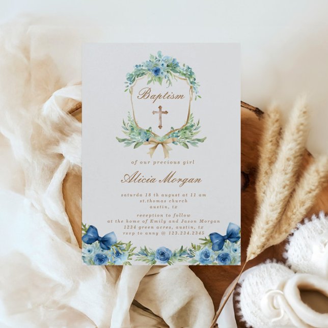 Elegante invitación al bautismo floral azul (Subido por el creador)