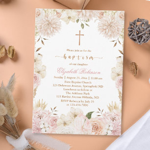 Elegante invitación al bautismo floral de boho ros