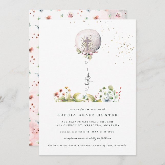 Elegante invitación al bautismo floral en globo (Anverso / Reverso)