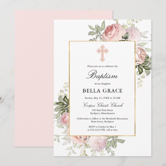 Elegante invitación al bautismo floral rosa rosa (Anverso / Reverso)