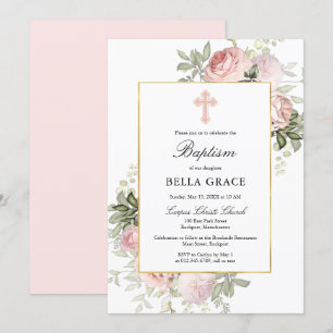 Elegante invitación al bautismo floral rosa rosa