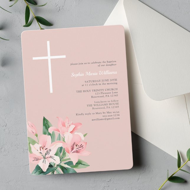 Elegante invitación al bautismo floral rosado (Subido por el creador)