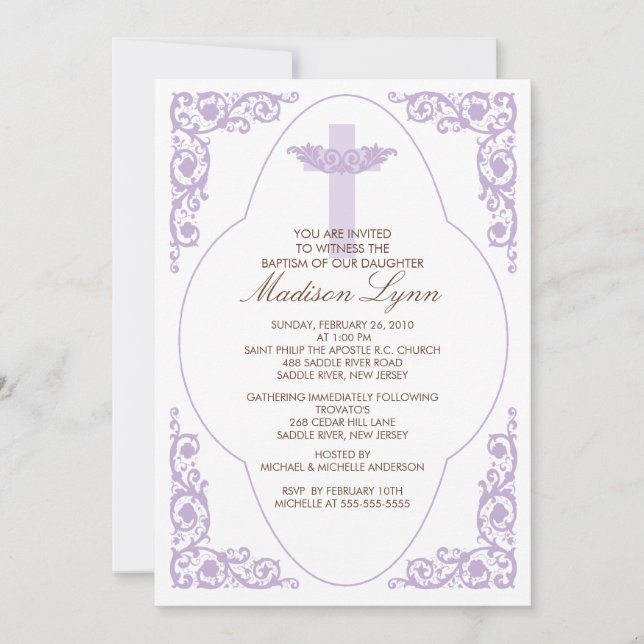 Elegante invitación al bautismo líaco (Anverso)