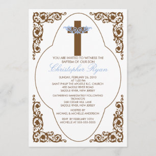 Elegante invitación al Bautismo Marrón y Azul