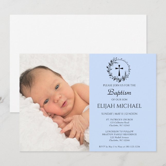 Elegante invitación al bautismo moderno de fotos e (Anverso / Reverso)