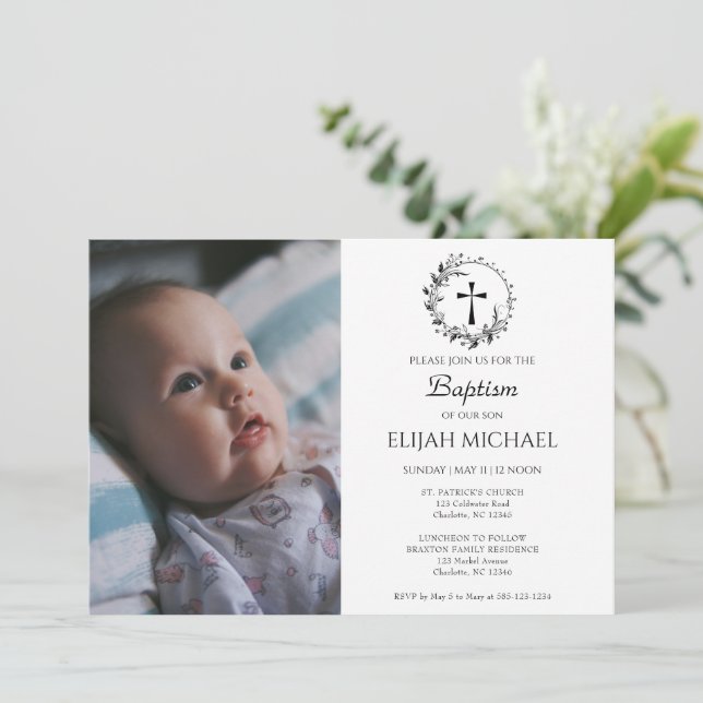 Elegante invitación al bautismo moderno de fotos e (Anverso de pie)