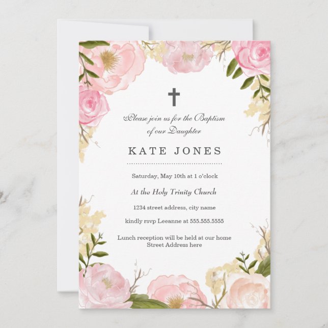 Elegante invitación al bautismo rosa rosa (Anverso)