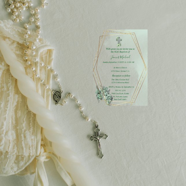 Elegante Invitación al Bautismo Verde y de Oro (Subido por el creador)