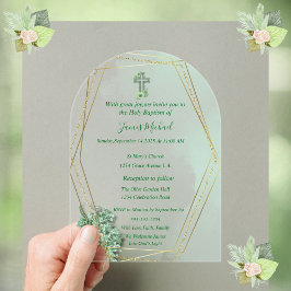 Elegante Invitación al Bautismo Verde y de Oro