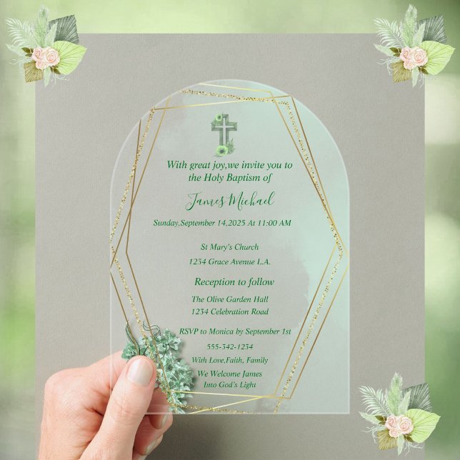 Elegante Invitación al Bautismo Verde y de Oro (Subido por el creador)