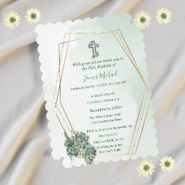 Elegante Invitación al Bautismo Verde y de Oro