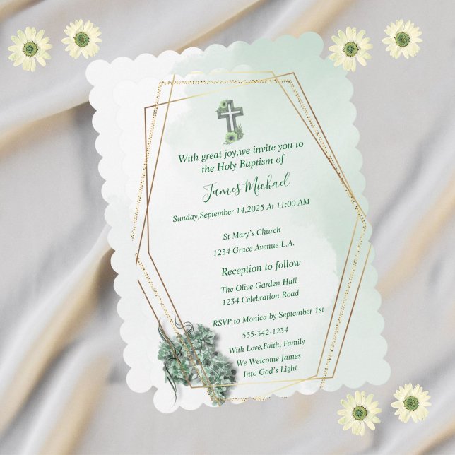 Elegante Invitación al Bautismo Verde y de Oro (Subido por el creador)