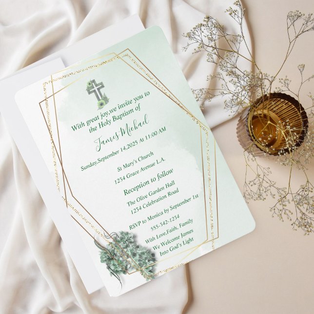 Elegante Invitación al Bautismo Verde y de Oro (Subido por el creador)