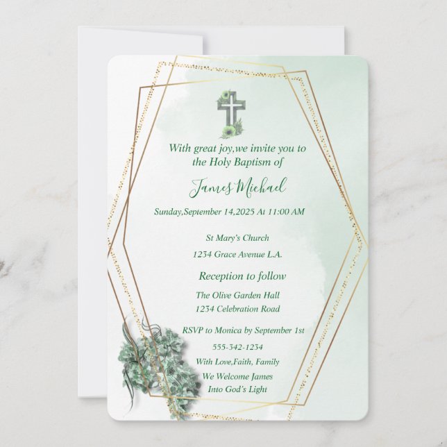 Elegante Invitación al Bautismo Verde y de Oro (Anverso)