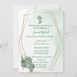 Elegante Invitación al Bautismo Verde y de Oro