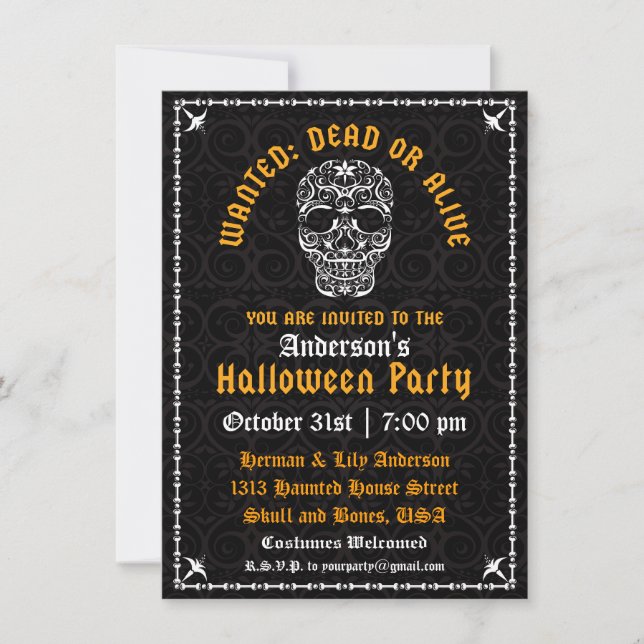 Elegante invitación al cráneo de Halloween (Anverso)