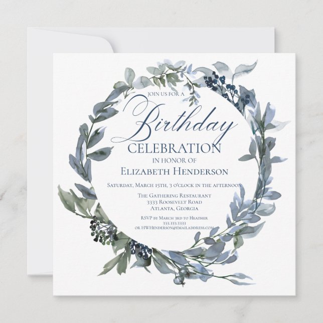 Elegante invitación al cumpleaños con flores verde (Anverso)