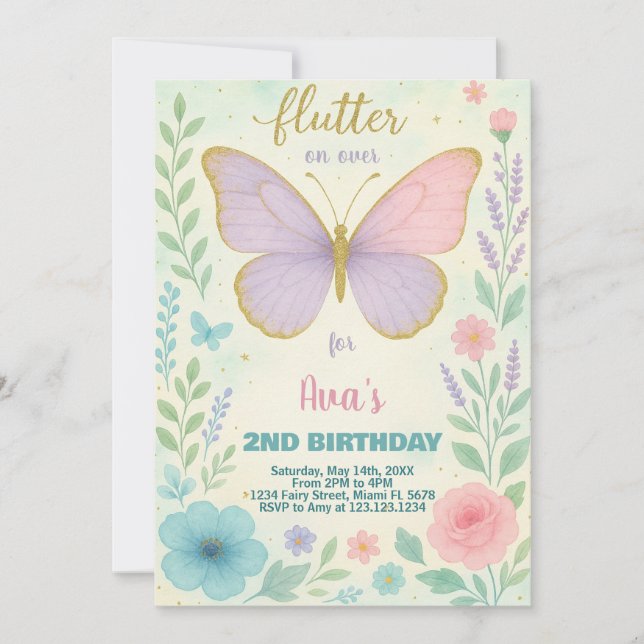 Elegante invitación al cumpleaños de la mariposa (Anverso)