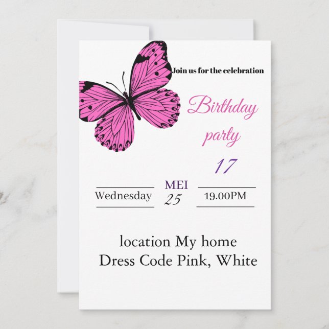 Elegante invitación al cumpleaños de mariposa rosa (Anverso)