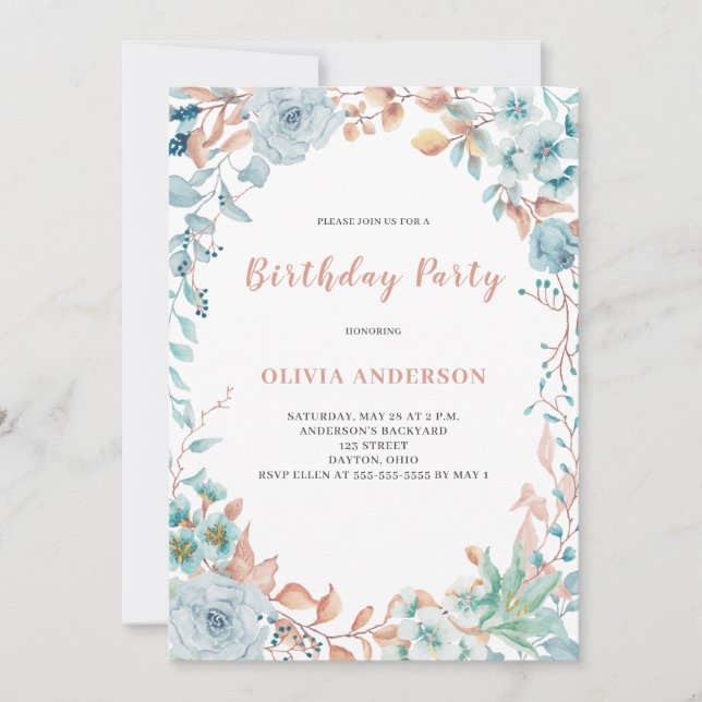 Elegante invitación al cumpleaños floral azul (Anverso)