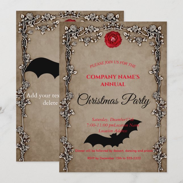 Elegante invitación al partido de Navidades gótico (Anverso / Reverso)