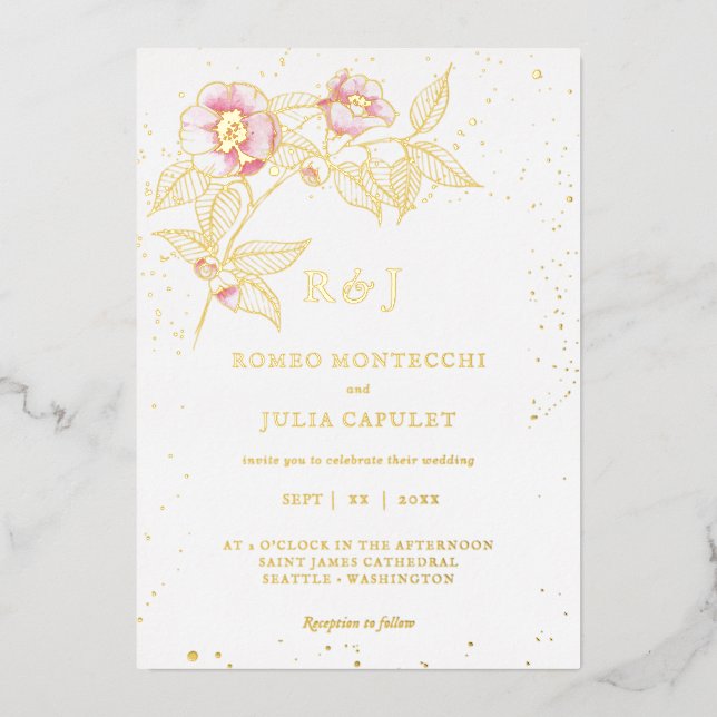 Elegante invitación al Relieve metalizado Boda flo (Anverso)