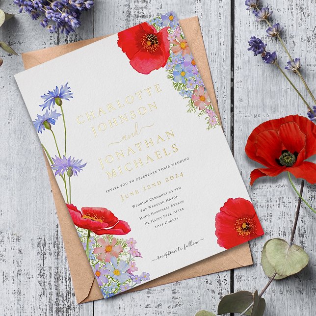 Elegante invitación al Relieve metalizado dorado d (Colorful wildflowers with red poppy gold foil typography wedding invitation )