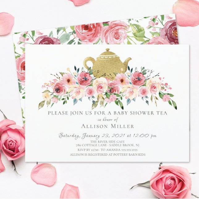 Elegante invitación al té de Baby Shower con flore (Subido por el creador)