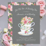 Elegante invitación al té de cumpleaños<br><div class="desc">tazas de té de china de época con flores rosadas de bonito colocadas sobre un fondo de lino gris para un fiesta de té de cumpleaños.</div>