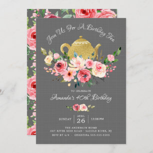 Elegante invitación al té de cumpleaños con flores