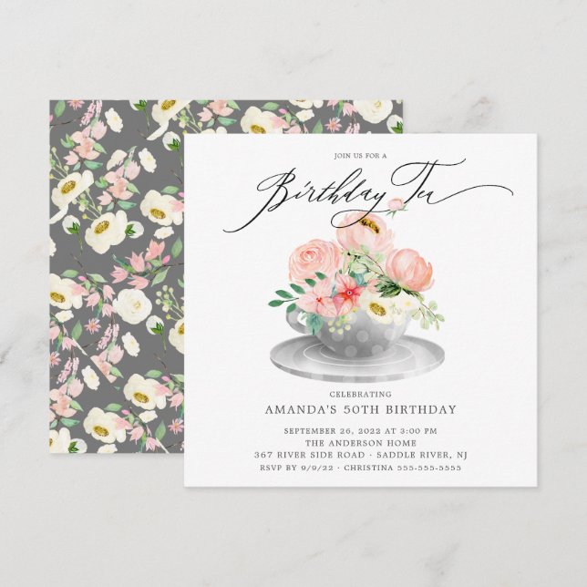 Elegante Invitación al té de cumpleaños con flores (Anverso / Reverso)