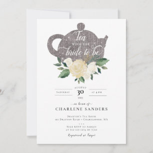 Elegante invitación al té de novia con rosa blanca