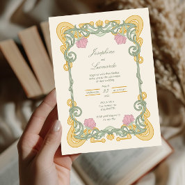 Elegante Invitación Art Nouveau Verde Salvia y Oro