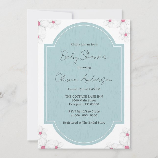 Elegante invitación azul de Baby Shower (Anverso)