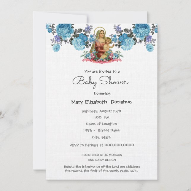 Elegante invitación azul de Baby Shower católica (Anverso)