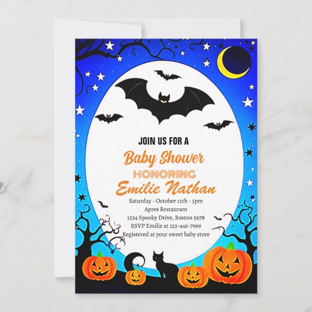 Elegante invitación azul de Halloween a Baby Showe (Anverso)