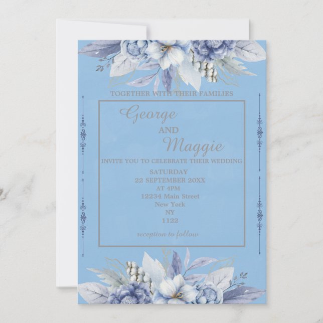 Elegante Invitación Azul Floral Luz (Anverso)