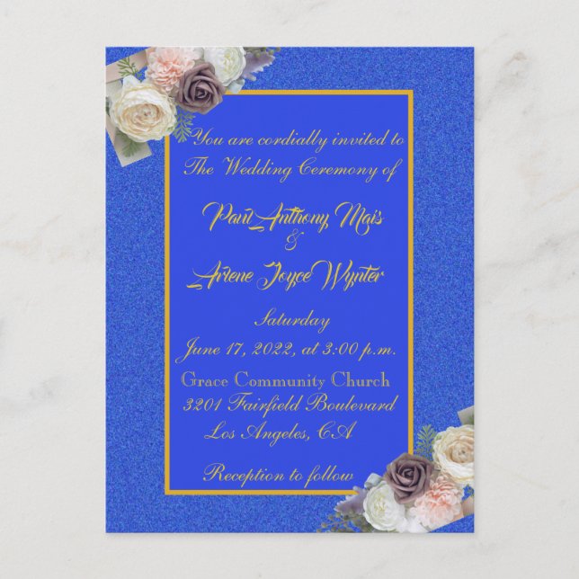 Elegante invitación azul y dorada (Anverso)