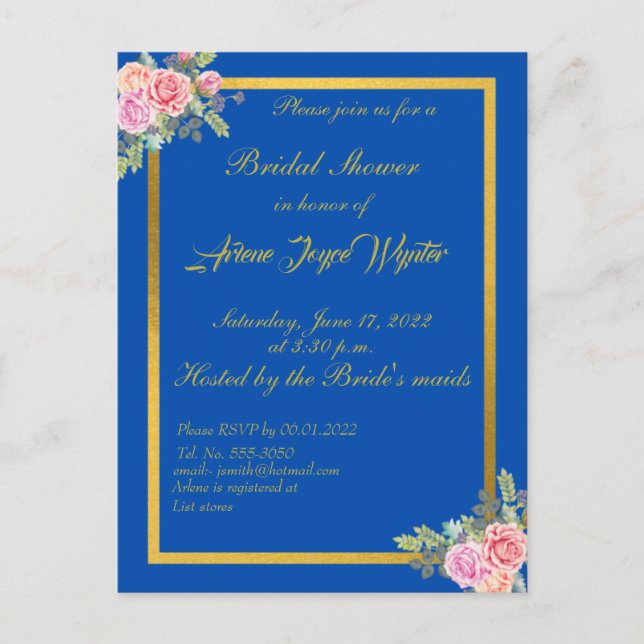 Elegante invitación azul y dorada (Anverso)